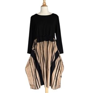 SIMPLY VANITE Lagenlook MIDI Dress Neutral Relaxed Fit Artistic Artsy Layer Look